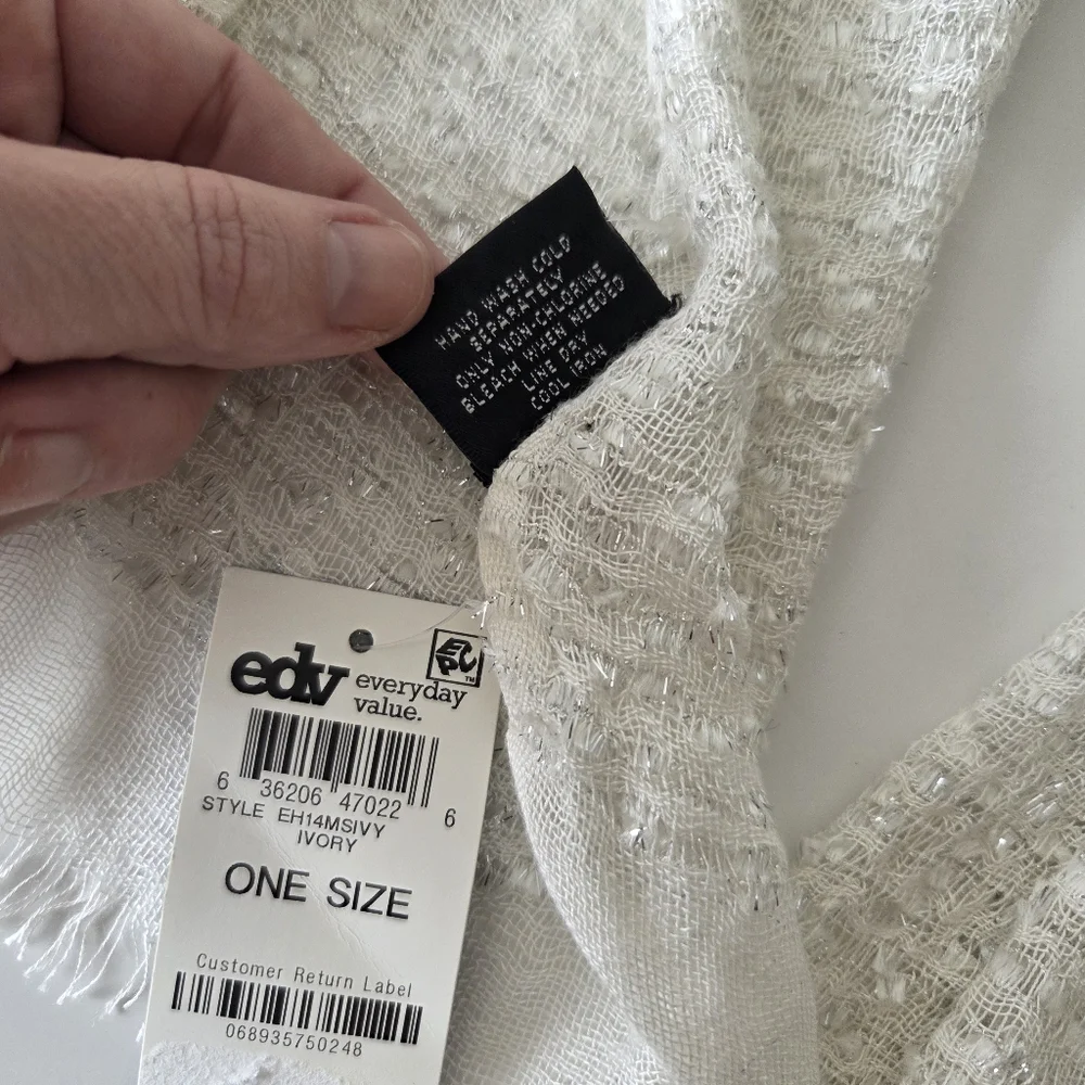 NWT Style & Co Textured Metallic Ivory White Silver Sheer Gauze‎ Scarf 25×80 In